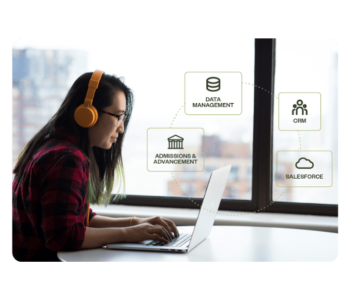 A woman wearing headphones wearing a laptop.