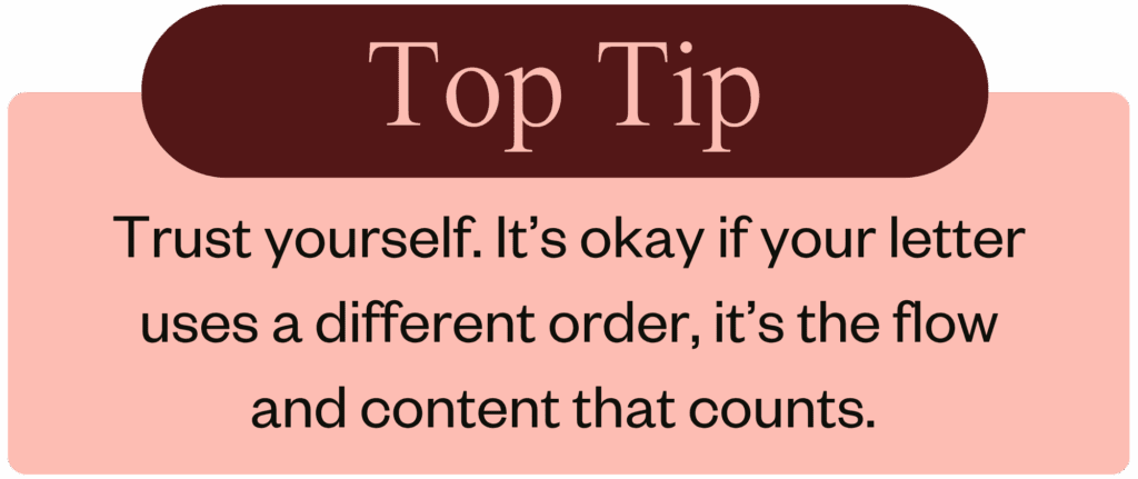 It’s okay if your letter uses a different order, it’s the flow and content that counts.