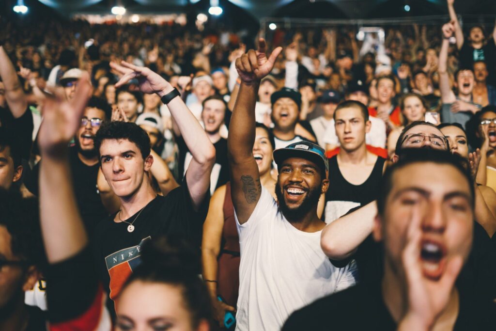 Fans cheering at a sports game
