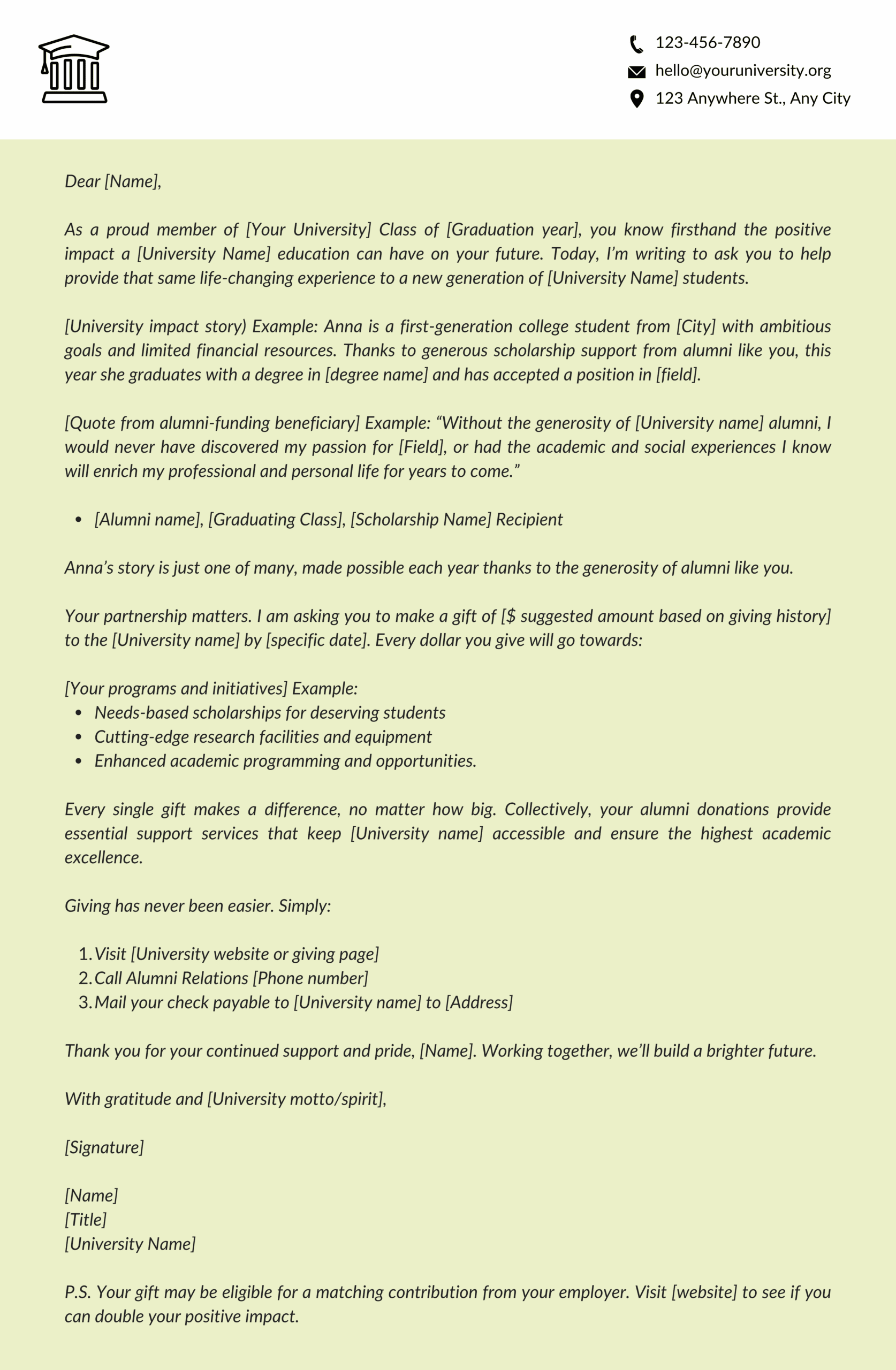 Alumni fundraising direct mail campaign letter 