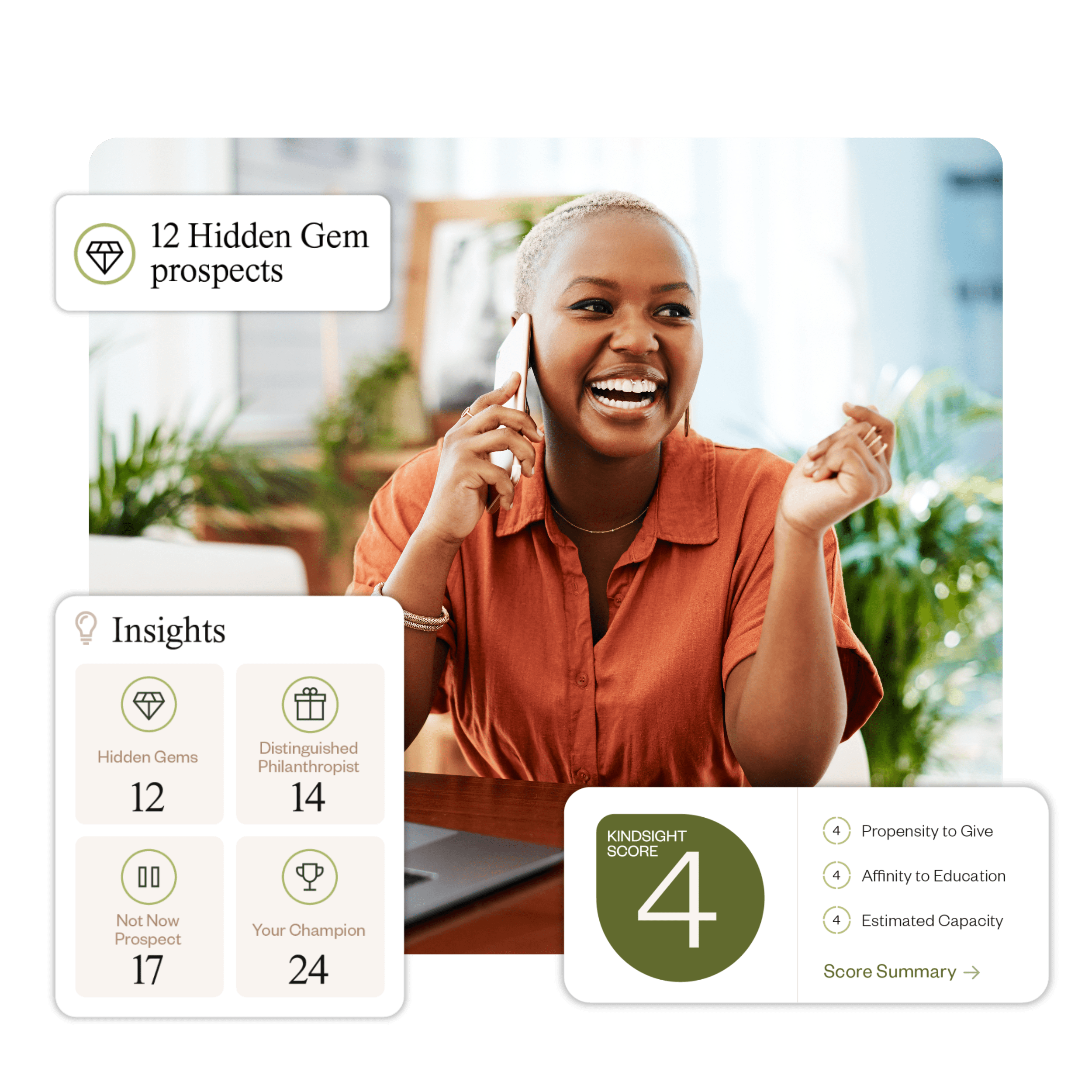 Smiling woman in an orange shirt talks on the phone. Overlaid are UI elements showing her as one of 12 "Hidden Gem" prospects with a KindSight score of 4.