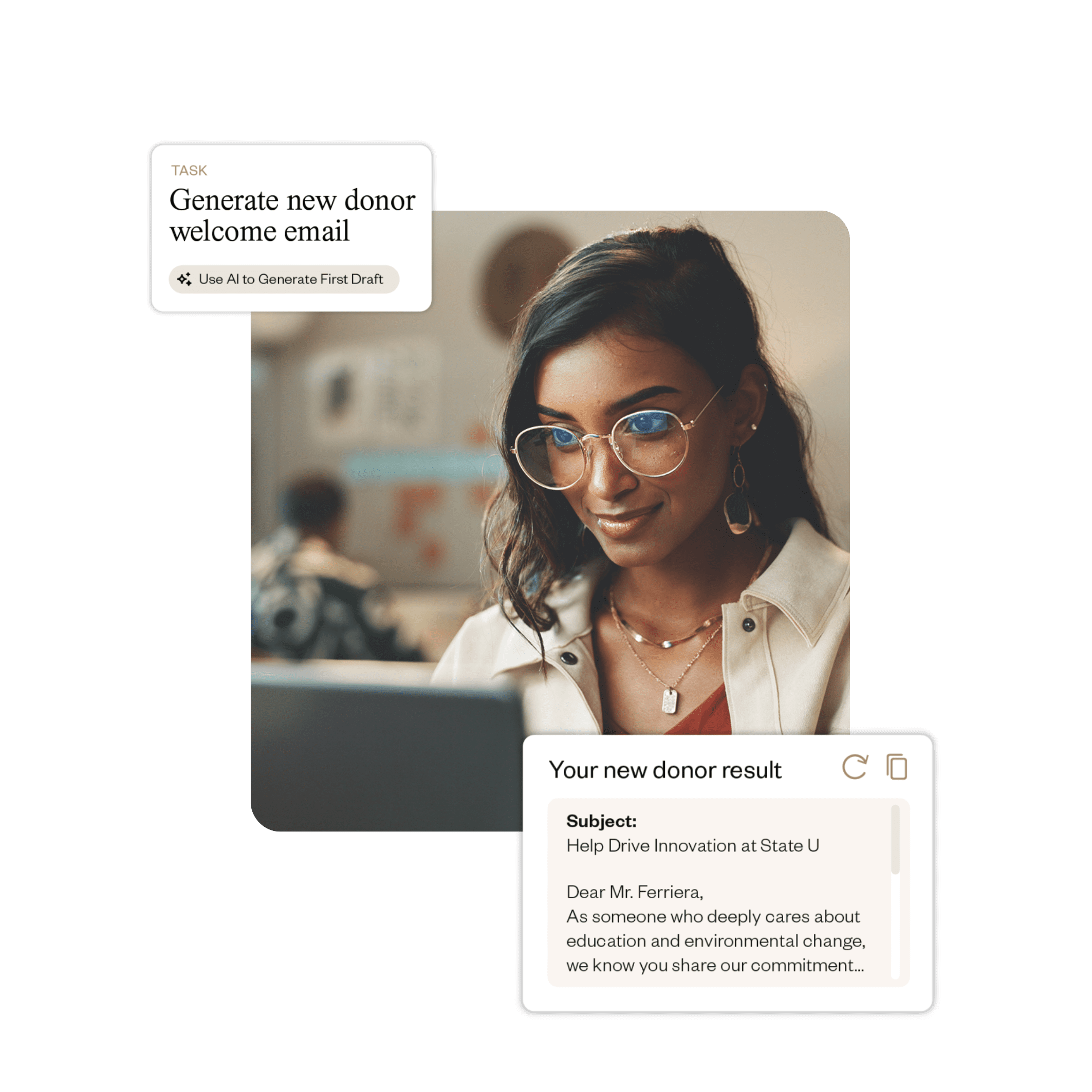A professional woman wearing glasses works on a laptop in a softly lit office. Overlaid interface cards show an AI task labeled “Generate new donor welcome email” and a preview titled “Your new donor result,” displaying an email subject line and opening message for a personalized donor outreach draft.