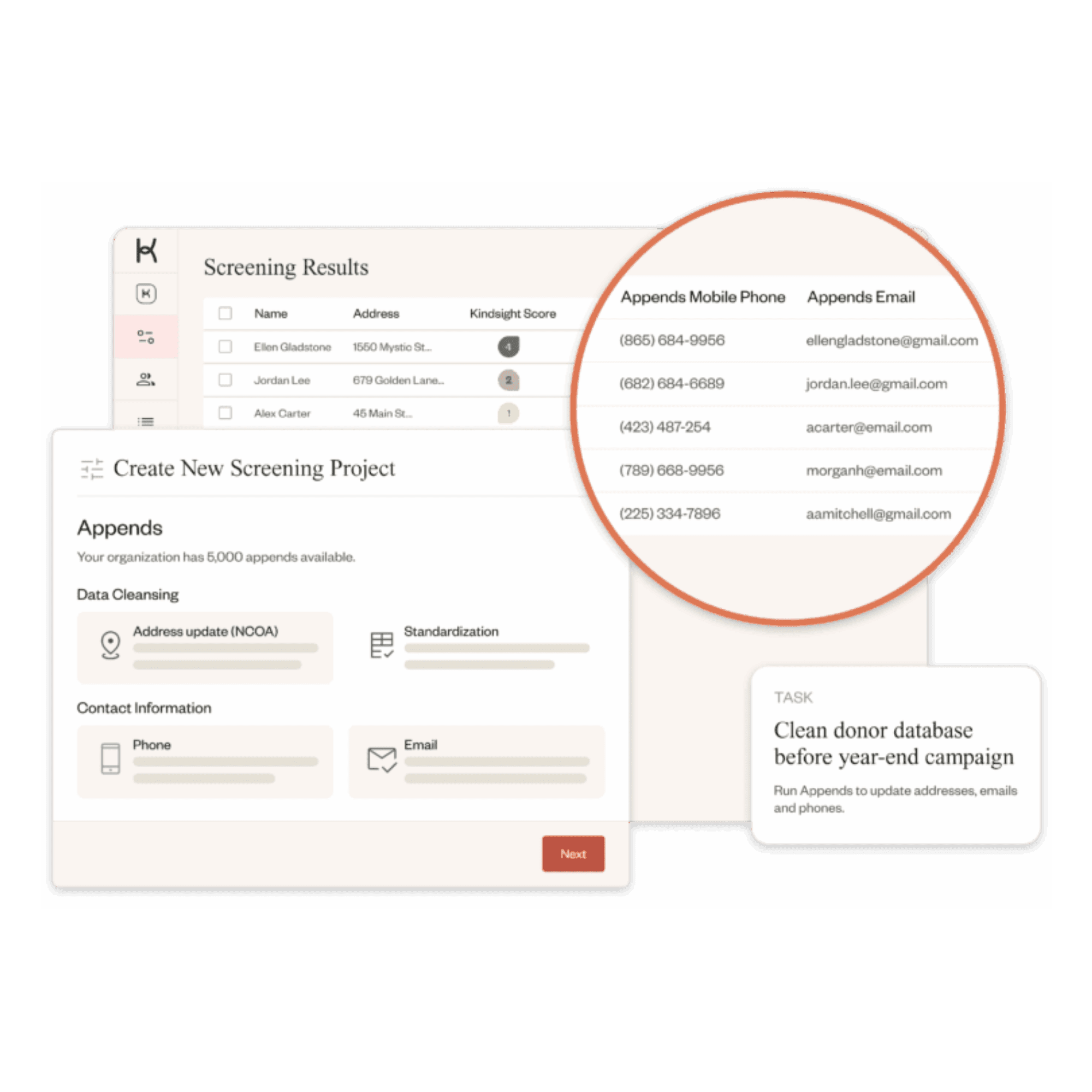A software interface showing screening results for names, addresses, and scores. Options for data cleansing and appending contact info are visible.