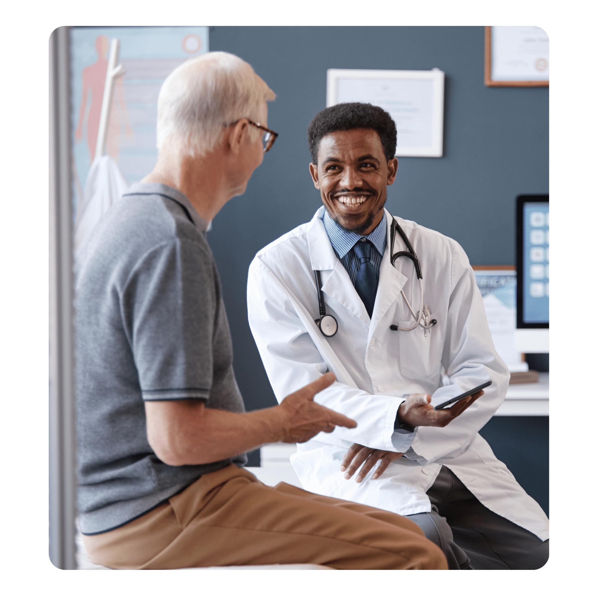 Doctor and patient in a clinic setting supporting future healthcare fundraising outreach.